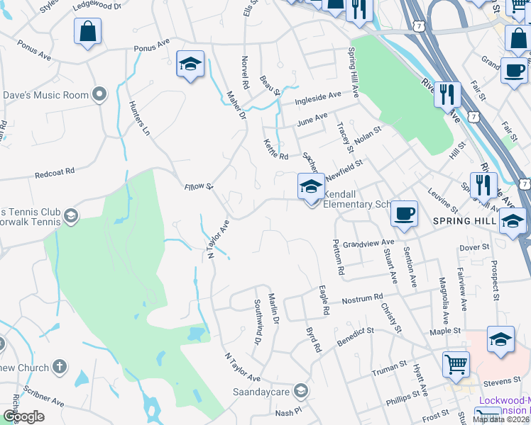 map of restaurants, bars, coffee shops, grocery stores, and more near 14 Rockmeadow Road in Norwalk