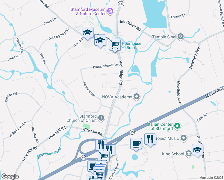 map of restaurants, bars, coffee shops, grocery stores, and more near 26 Marva Lane in Stamford