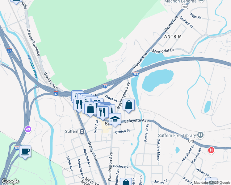 map of restaurants, bars, coffee shops, grocery stores, and more near 1 Pleasant Avenue in Suffern