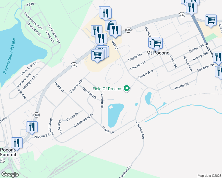 map of restaurants, bars, coffee shops, grocery stores, and more near 23 Summit Drive in Mount Pocono