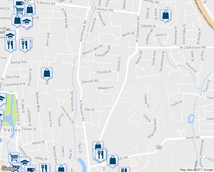 map of restaurants, bars, coffee shops, grocery stores, and more near 87 Meadow Lane in Nanuet