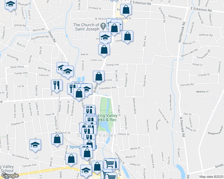 map of restaurants, bars, coffee shops, grocery stores, and more near 12 Columbus Avenue in Spring Valley