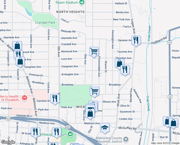 map of restaurants, bars, coffee shops, grocery stores, and more near 1354 Elm Street in Youngstown
