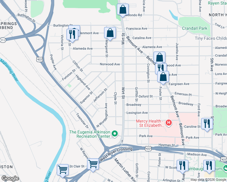 map of restaurants, bars, coffee shops, grocery stores, and more near 518 Clyde Street in Youngstown