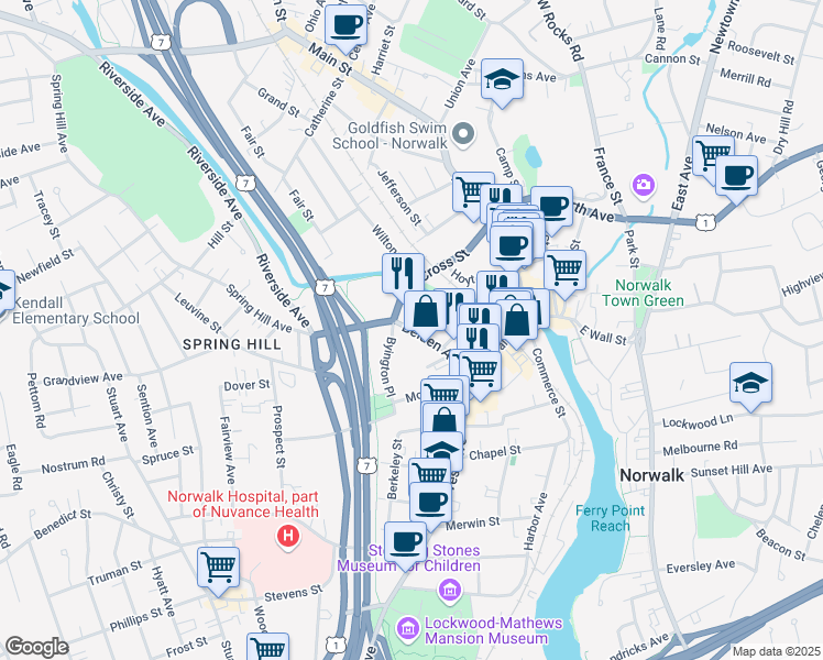 map of restaurants, bars, coffee shops, grocery stores, and more near Belden Avenue in Norwalk