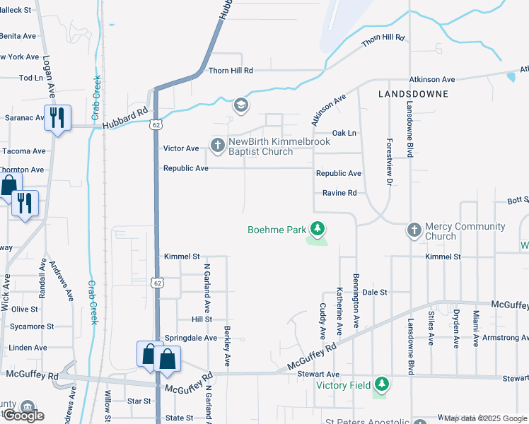 map of restaurants, bars, coffee shops, grocery stores, and more near 1387 Commonwealth Avenue in Youngstown