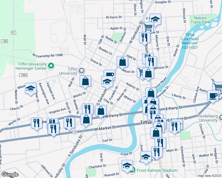 map of restaurants, bars, coffee shops, grocery stores, and more near 100 Miami Street in Tiffin
