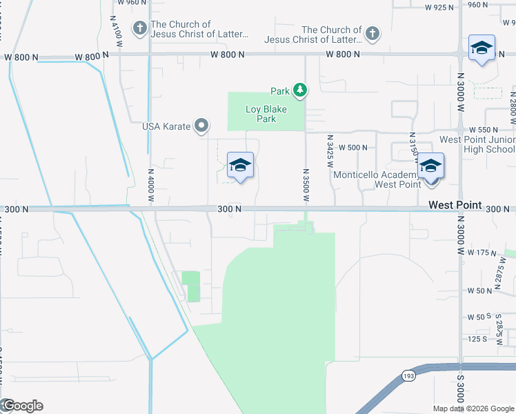 map of restaurants, bars, coffee shops, grocery stores, and more near 3642 Utah 107 in West Point