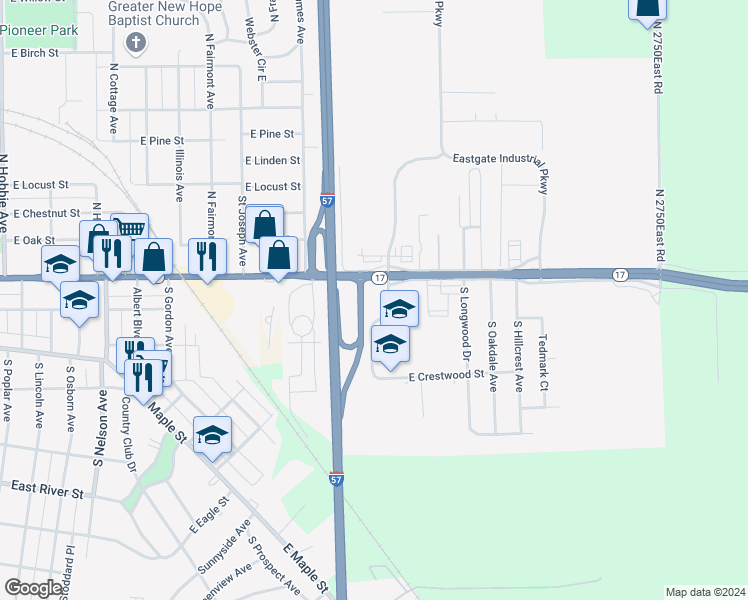 map of restaurants, bars, coffee shops, grocery stores, and more near 2200 East Court Street in Kankakee