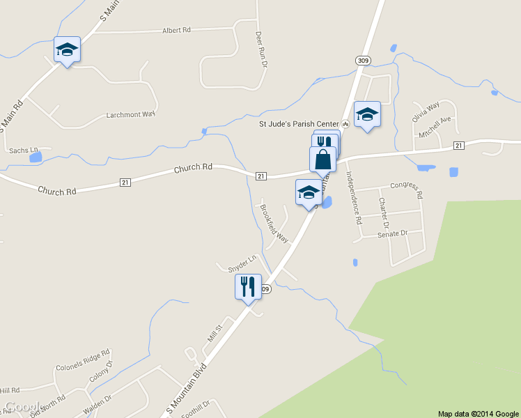 map of restaurants, bars, coffee shops, grocery stores, and more near 120 Brookfield Way in Mountain Top