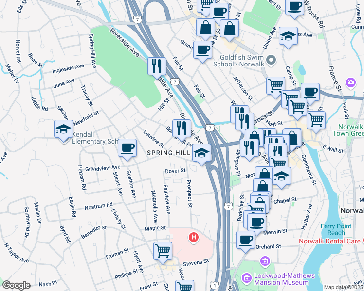 map of restaurants, bars, coffee shops, grocery stores, and more near 8 Spring Hill Avenue in Norwalk