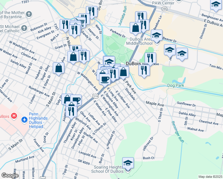 map of restaurants, bars, coffee shops, grocery stores, and more near 21 East Long Avenue in DuBois