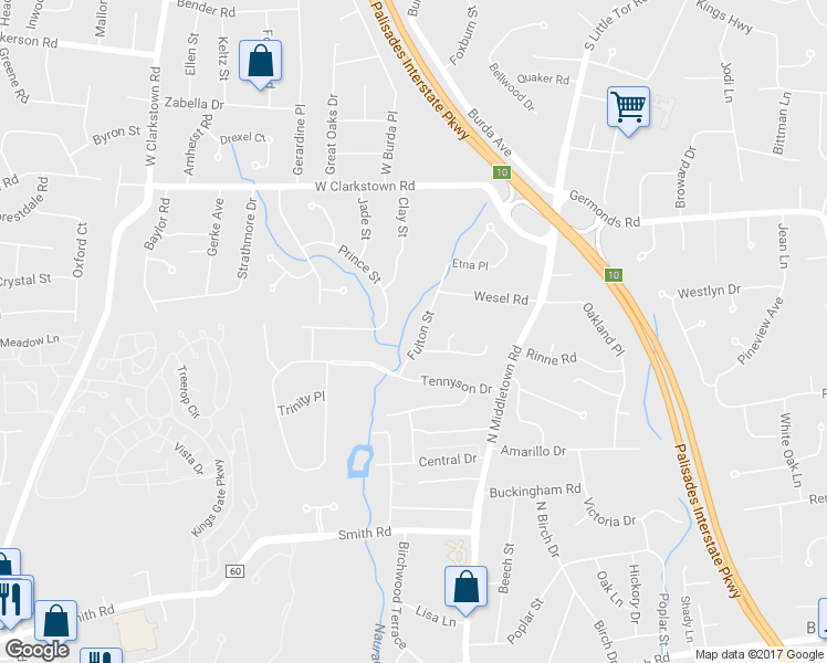 map of restaurants, bars, coffee shops, grocery stores, and more near 17 Fulton Street in Nanuet