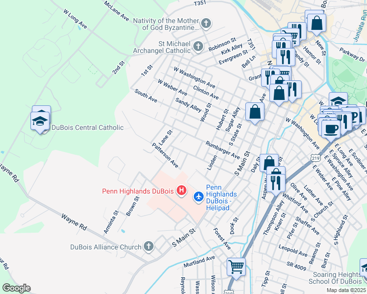 map of restaurants, bars, coffee shops, grocery stores, and more near 508 Spring Avenue in DuBois