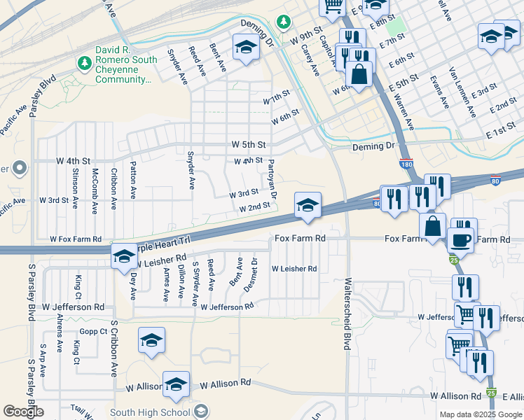 map of restaurants, bars, coffee shops, grocery stores, and more near 505 West Second Street in Cheyenne