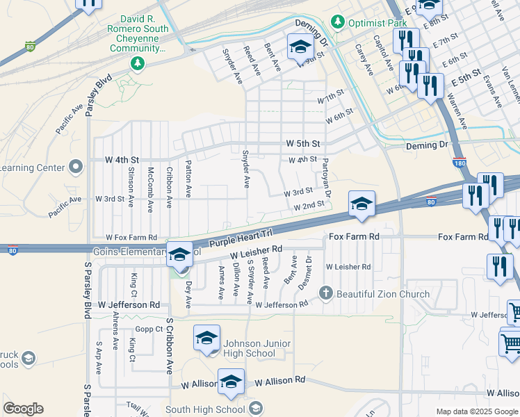 map of restaurants, bars, coffee shops, grocery stores, and more near 749 West Second Street in Cheyenne