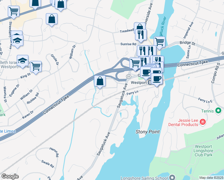 map of restaurants, bars, coffee shops, grocery stores, and more near 9 Davenport Avenue in Westport