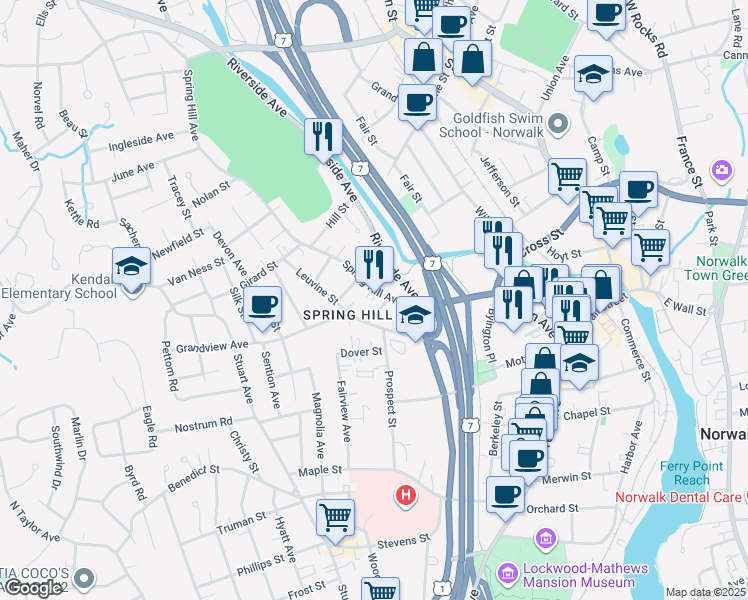 map of restaurants, bars, coffee shops, grocery stores, and more near 8 Spring Hill Avenue in Norwalk