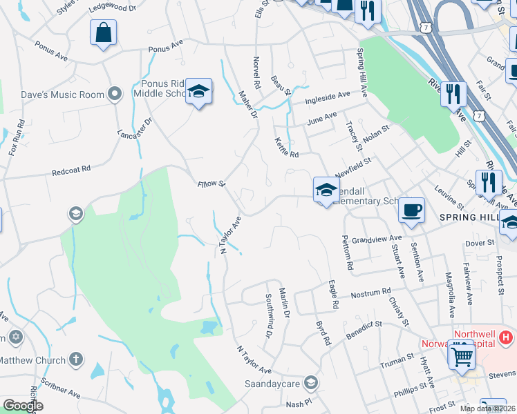 map of restaurants, bars, coffee shops, grocery stores, and more near 103 Fillow Street in Norwalk