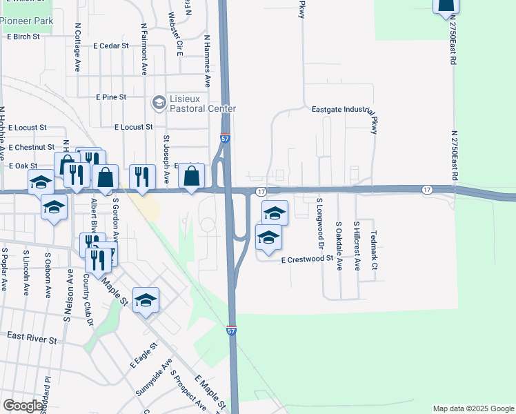 map of restaurants, bars, coffee shops, grocery stores, and more near 2200 East Court Street in Kankakee