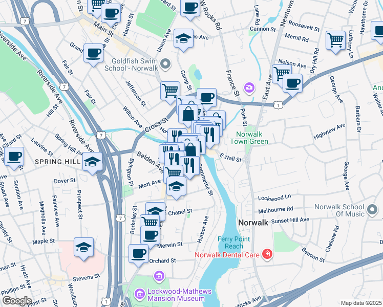 map of restaurants, bars, coffee shops, grocery stores, and more near 43a Wall Street in Norwalk