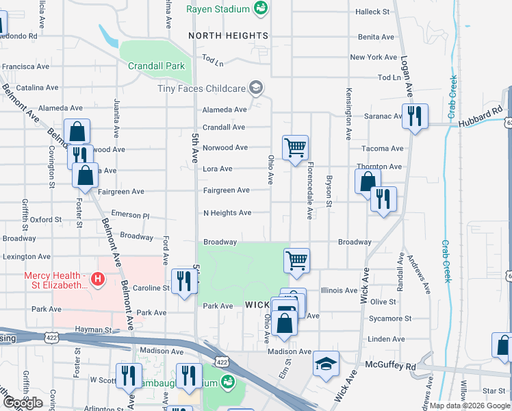 map of restaurants, bars, coffee shops, grocery stores, and more near 236 North Heights Avenue in Youngstown