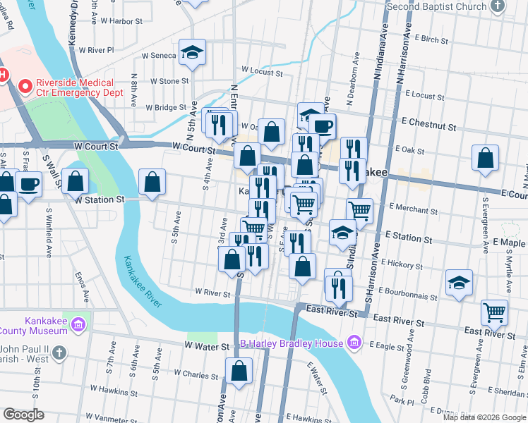 map of restaurants, bars, coffee shops, grocery stores, and more near 125 W Station St in Kankakee