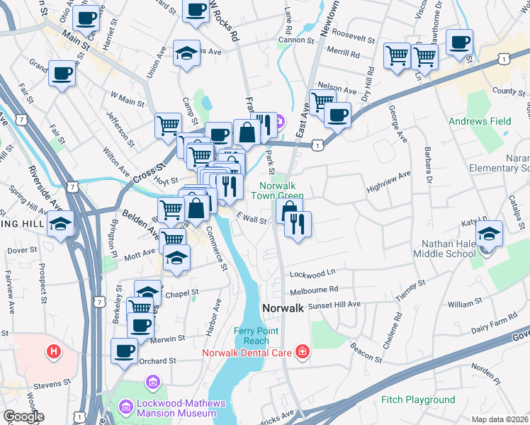 map of restaurants, bars, coffee shops, grocery stores, and more near in Norwalk