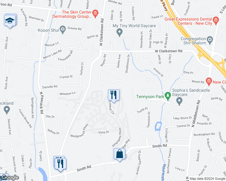 map of restaurants, bars, coffee shops, grocery stores, and more near 33 Treetop Circle in Nanuet
