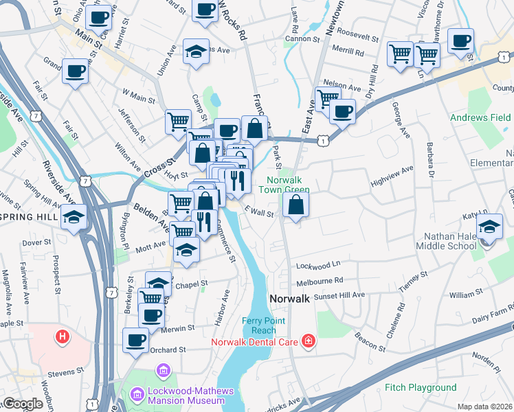map of restaurants, bars, coffee shops, grocery stores, and more near 3 East Wall Street in Norwalk