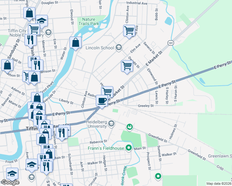 map of restaurants, bars, coffee shops, grocery stores, and more near 404 E Market St in Tiffin