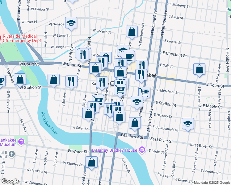 map of restaurants, bars, coffee shops, grocery stores, and more near 101 East Station Street in Kankakee