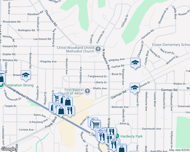 map of restaurants, bars, coffee shops, grocery stores, and more near 1681 Tanglewood Drive in Akron
