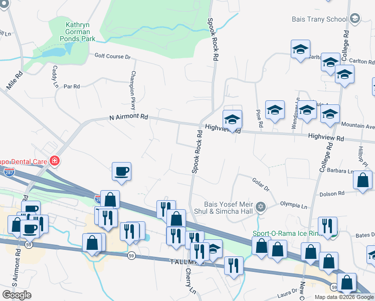 map of restaurants, bars, coffee shops, grocery stores, and more near 9 Pioneer Avenue in Suffern