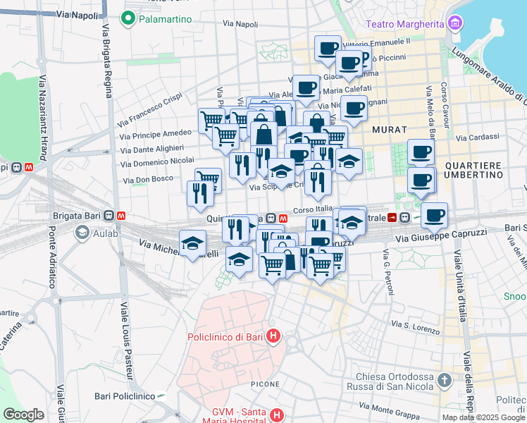 map of restaurants, bars, coffee shops, grocery stores, and more near 53 Corso Italia in Bari