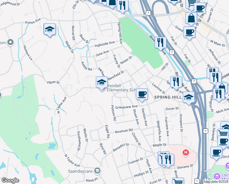 map of restaurants, bars, coffee shops, grocery stores, and more near 40 Fillow Street in Norwalk