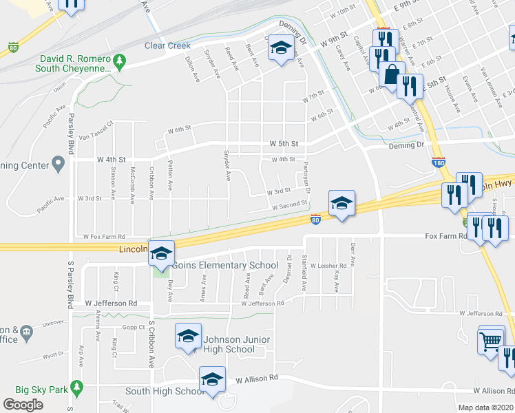 map of restaurants, bars, coffee shops, grocery stores, and more near 718 West Second Street in Cheyenne