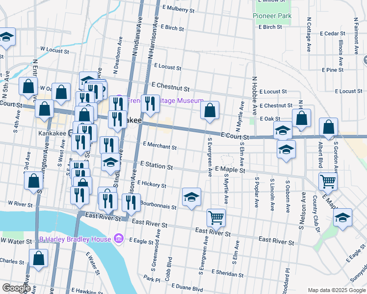 map of restaurants, bars, coffee shops, grocery stores, and more near 744 East Merchant Street in Kankakee