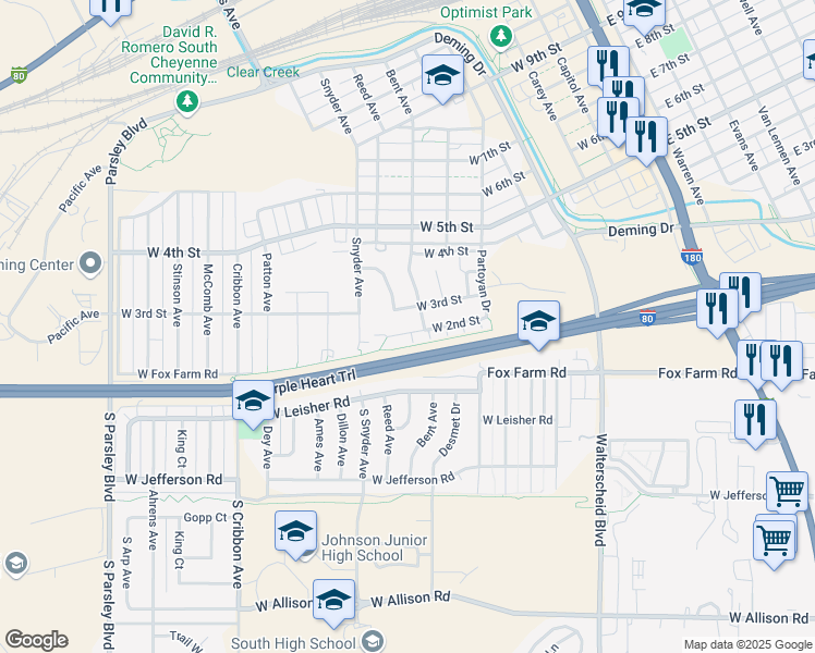 map of restaurants, bars, coffee shops, grocery stores, and more near 714 West Second Street in Cheyenne