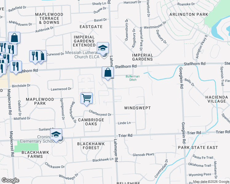 map of restaurants, bars, coffee shops, grocery stores, and more near 4150 Lahmeyer Road in Fort Wayne