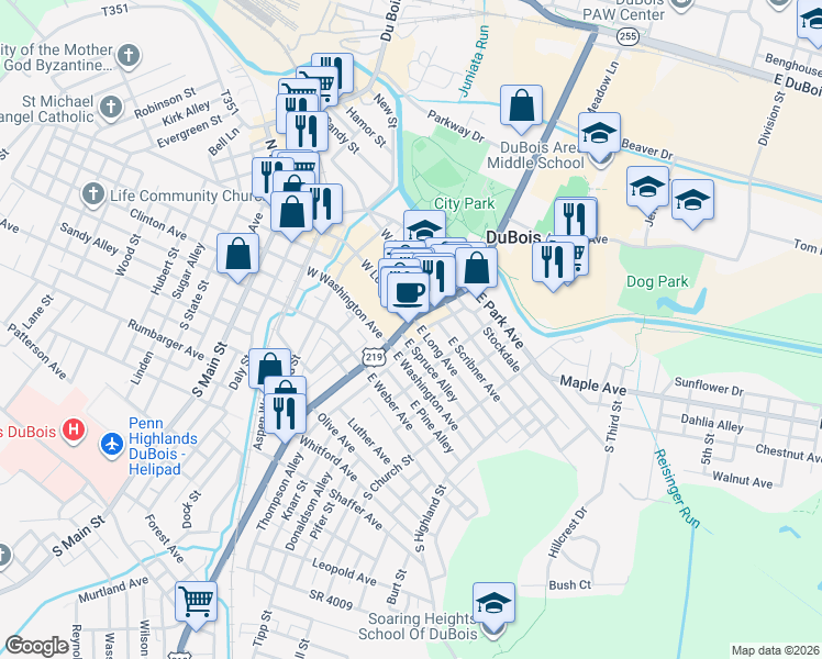 map of restaurants, bars, coffee shops, grocery stores, and more near 21 East Long Avenue in DuBois