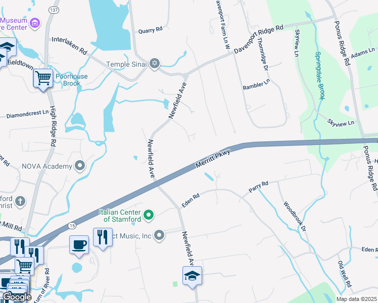 map of restaurants, bars, coffee shops, grocery stores, and more near 61 North Meadows Lane in Stamford