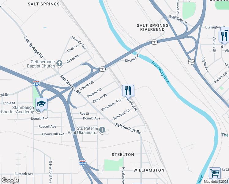 map of restaurants, bars, coffee shops, grocery stores, and more near 341 Elberen Street in Youngstown