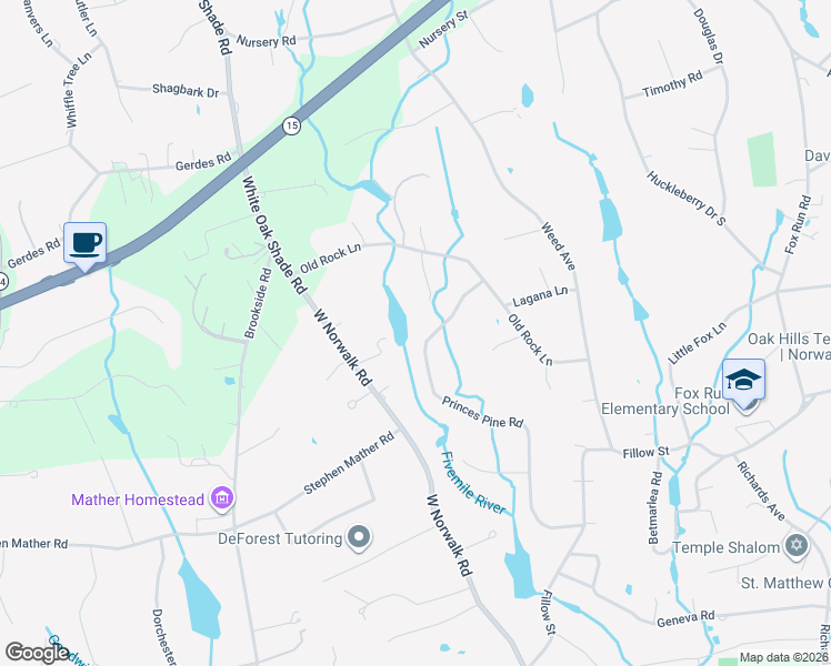 map of restaurants, bars, coffee shops, grocery stores, and more near 45 Princes Pine Road in Norwalk
