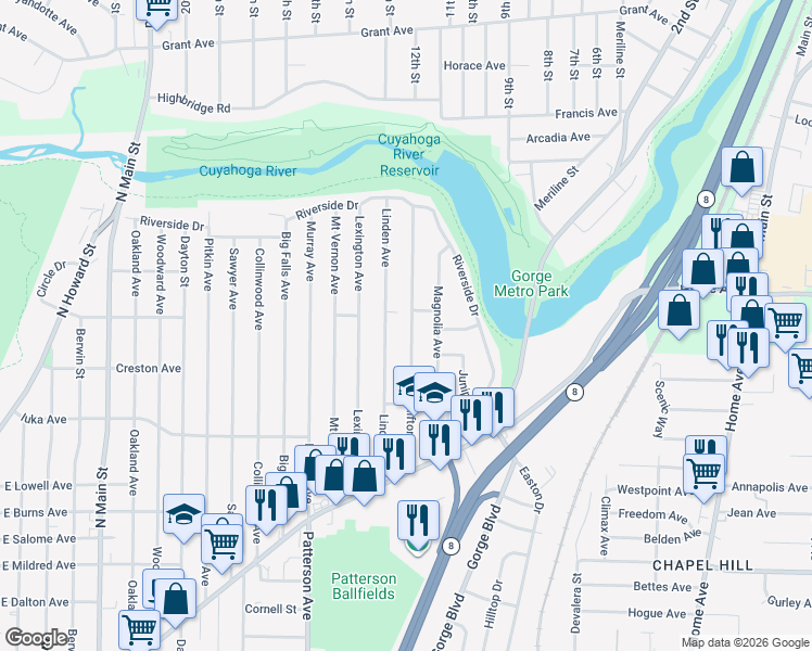 map of restaurants, bars, coffee shops, grocery stores, and more near 1202 Clifton Avenue in Akron