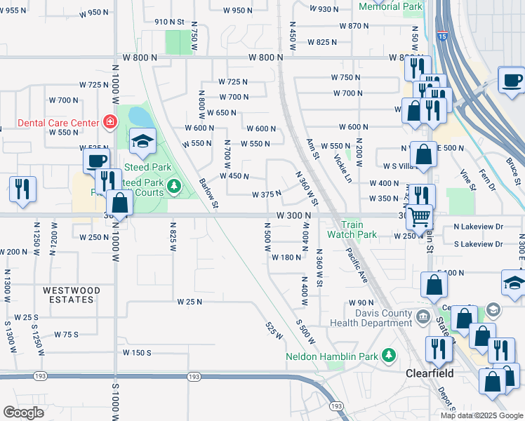 map of restaurants, bars, coffee shops, grocery stores, and more near 560 West 300 North in Clearfield