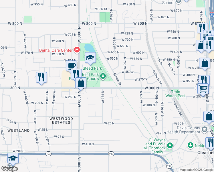 map of restaurants, bars, coffee shops, grocery stores, and more near 797 West 300 North in Clearfield