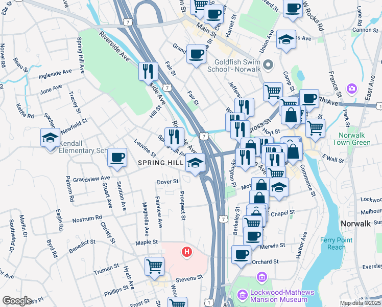 map of restaurants, bars, coffee shops, grocery stores, and more near 2 Spring Hill Avenue in Norwalk