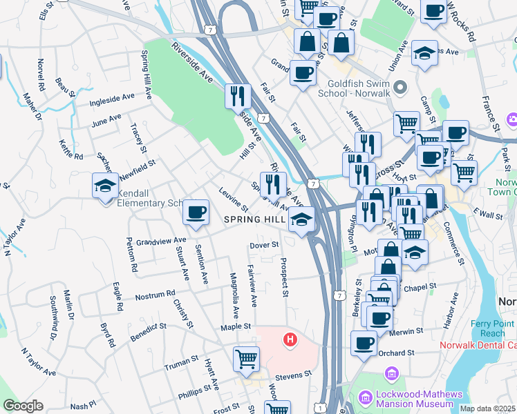 map of restaurants, bars, coffee shops, grocery stores, and more near 8 Spring Hill Avenue in Norwalk