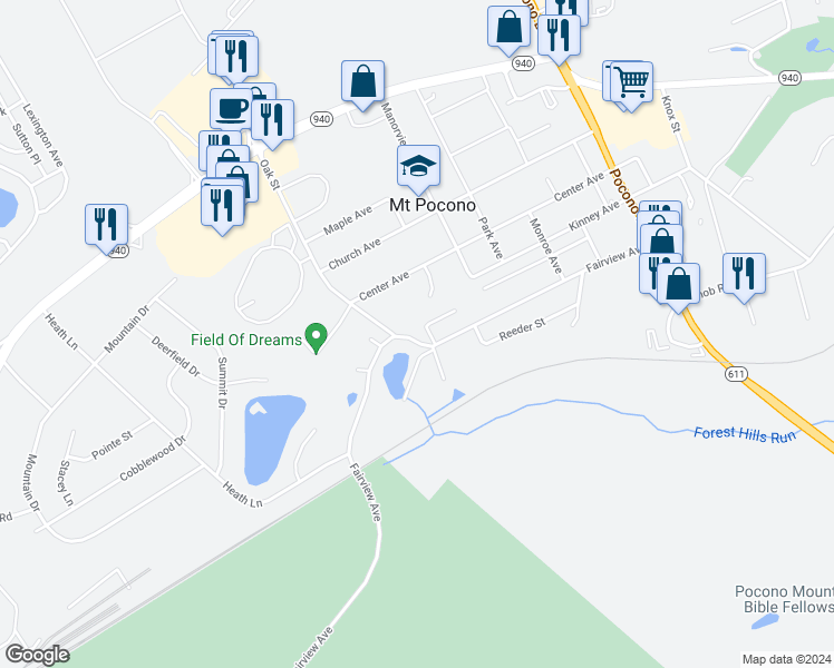 map of restaurants, bars, coffee shops, grocery stores, and more near 98 Fairview Avenue in Mount Pocono